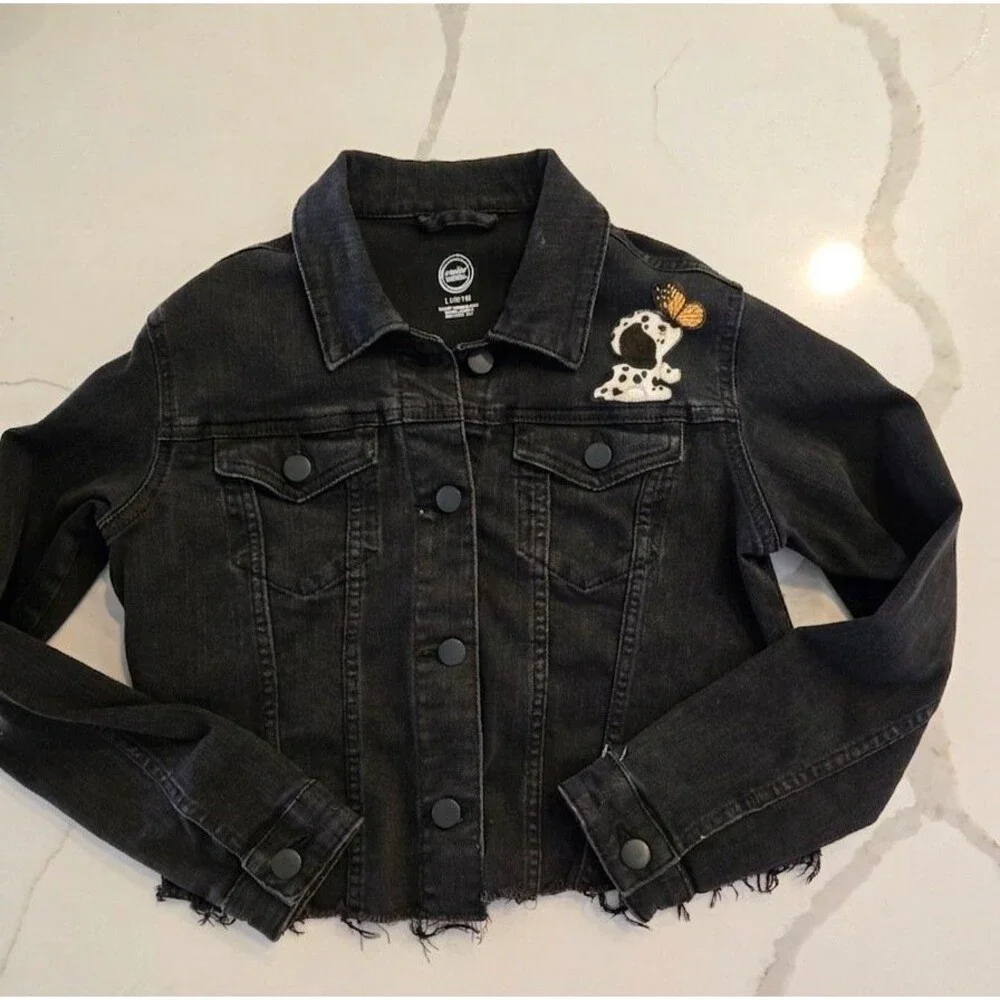 Wonder Nation L 10-12 Puppy Denim Jacket Kids Girls Black Frayed Patch Trucker